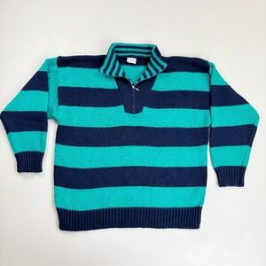 D.D. SLOANE Striped Sweater Medium VTG 80s Slouchy Pullover Zip Collar Teal Navy